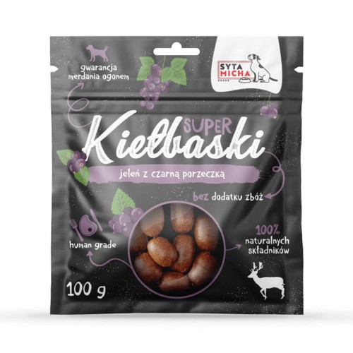 Syta Micha Super kiełbaski z jeleniem i czarną porzeczką 100g